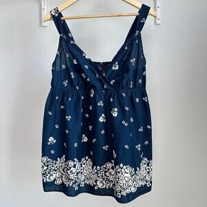 L Womens Faded Glory Floral Surplice Sleeveless Tank Top - Navy Blue Ivory